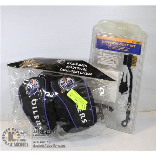 EDMONTON OILERS HEAD COVERS AND GOLF TOOL KIT 1,3,5 WOODS AND GOLF TOOL  KIT