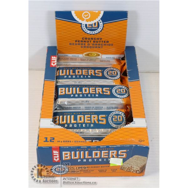 CLIF BUILDERS PROTEIN BARS BOX OF 12, CRUNCHY PEANUT BUTTER. BEST BEFORE MARCH 7 2021