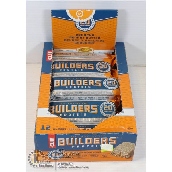 CLIF BUILDERS PROTEIN BARS BOX OF 12, CRUNCHY PEANUT BUTTER. BEST BEFORE MARCH 7 2021