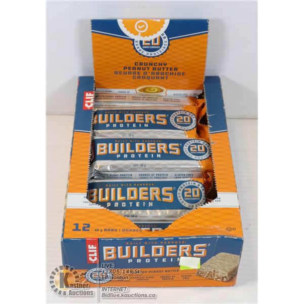 CLIF BUILDERS PROTEIN BARS BOX OF 12, CRUNCHY PEANUT BUTTER. BEST BEFORE MARCH 7 2021