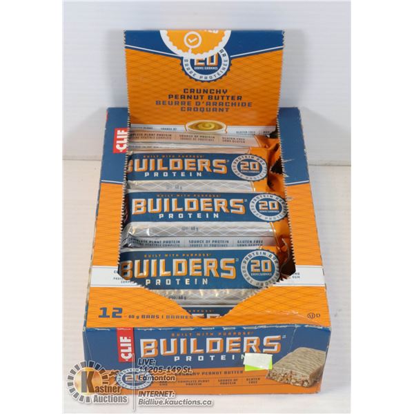 CLIF BUILDERS PROTEIN BARS BOX OF 12, CRUNCHY PEANUT BUTTER. BEST BEFORE MARCH 7 2021