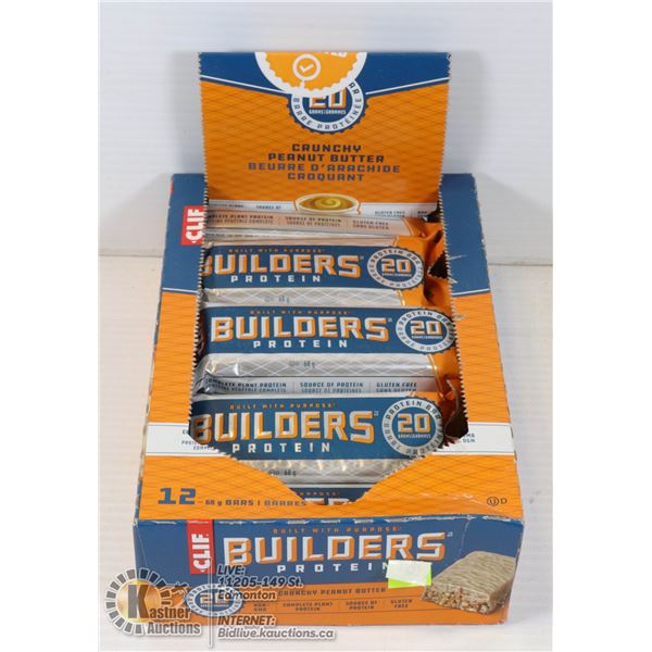 CLIF BUILDERS PROTEIN BARS BOX OF 12, CRUNCHY PEANUT BUTTER. BEST BEFORE MARCH 7 2021
