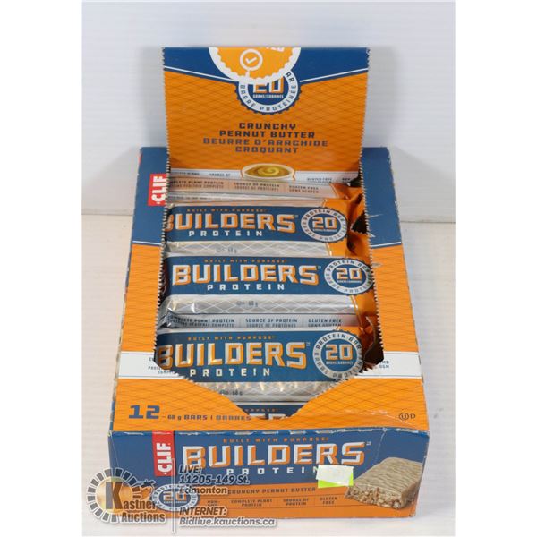 CLIF BUILDERS PROTEIN BARS BOX OF 12, CRUNCHY PEANUT BUTTER. BEST BEFORE MARCH 7 2021