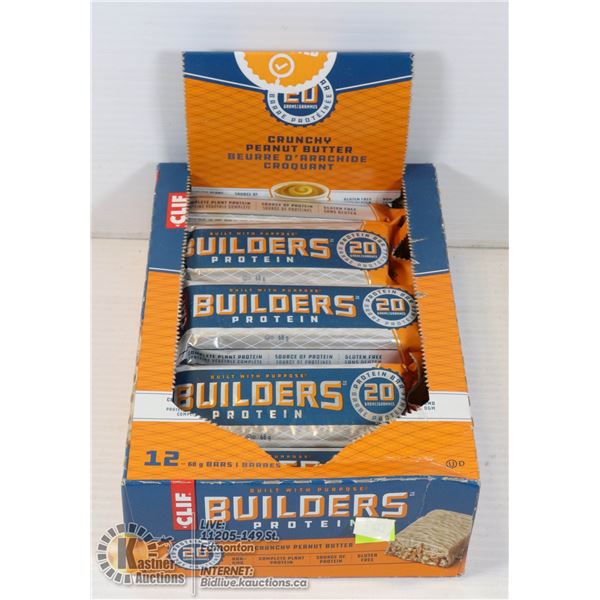 CLIF BUILDERS PROTEIN BARS BOX OF 12, CRUNCHY PEANUT BUTTER. BEST BEFORE MARCH 7 2021