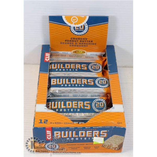 CLIF BUILDERS PROTEIN BARS BOX OF 12, CRUNCHY PEANUT BUTTER. BEST BEFORE MARCH 7 2021