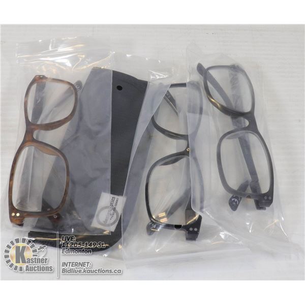 FOSTER GRANT READING GLASSES 3 PACK + INCLUDES 3 DIFFERENT STYLE FRAMES & CASES.