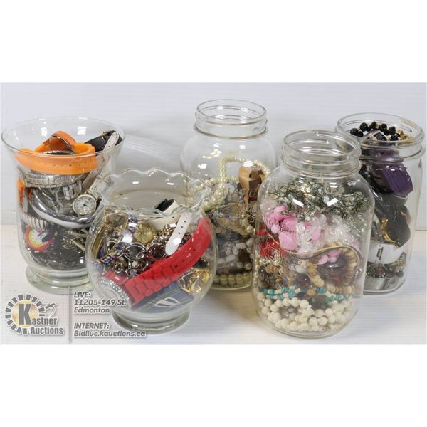 5 JARS OF JEWELERY AND WATCHES