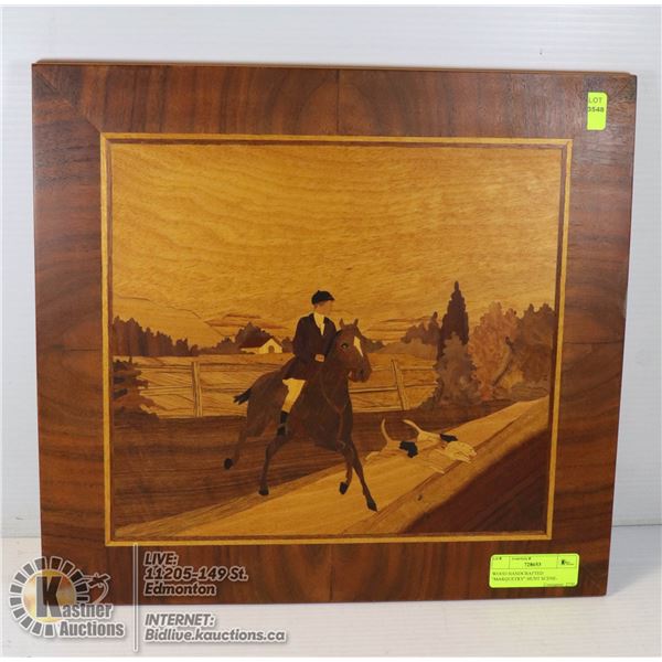 WOOD HANDCRAFTED "MARQUETRY" HUNT SCENE- 16" X 15" STAMPED S. KLOTSCHE