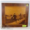 Image 1 : WOOD HANDCRAFTED "MARQUETRY" HUNT SCENE- 16" X 15" STAMPED S. KLOTSCHE