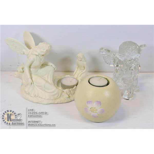 BOX WITH 3-TEA LIGHT CANDLE HOLDERS INCL. CERAMIC PARTYLITE ANGEL WITH LITTLE GIRL, GLASS ANGEL AND 