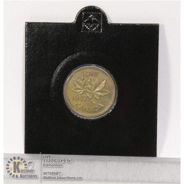 1947ML BLUNT 7 UNCIRCULATED CANADA 1 CENT BLUNT 7 MAPLE LEAF VARIETY 1947 CANADA 1 CENT. MINTED UNDE