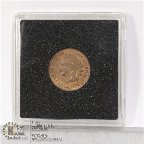 1906 USA "INDIAN HEAD" CENT. ALMOST UNCIRCULATED CLASSIC STYLE USA COIN, WELL RECOGNIZED WORLD WIDE.