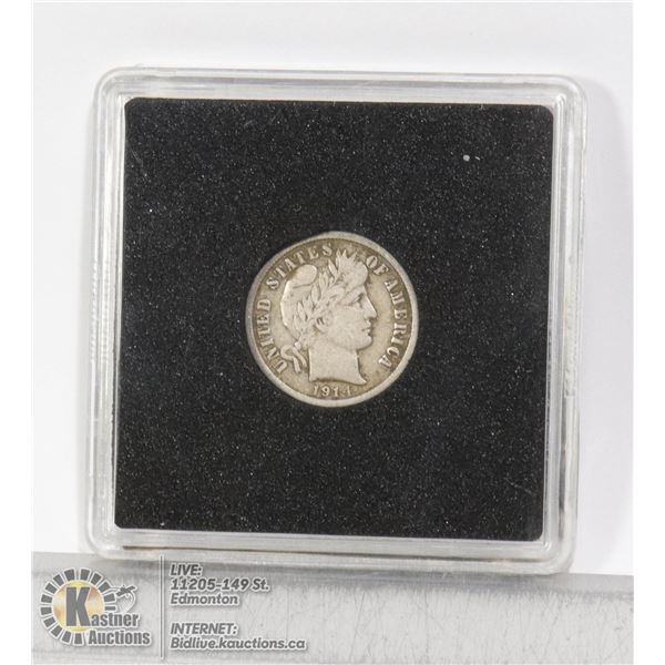1914D USA BARBER HEAD SILVER 10 CENT COIN MINTED IN DENVER COLORADO. NICE ORIGINAL TONE WITH FULL DA