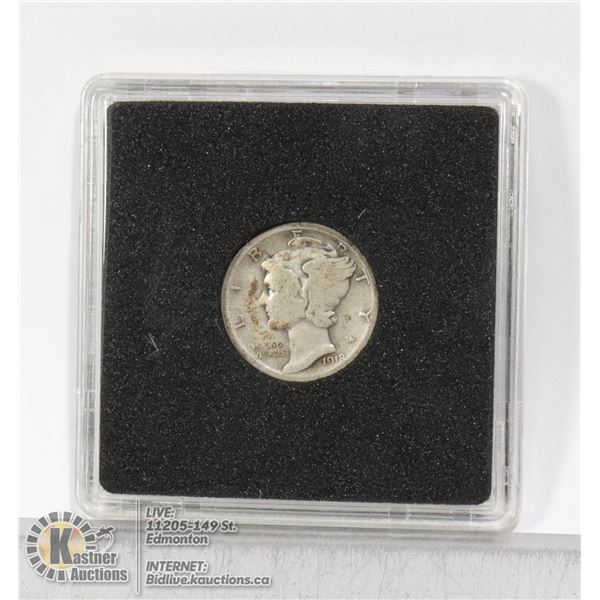 1918D USA SILVER "MERCURY" HEAD DIME WINGED LIBERTY OBVERSE NICKNAMED "MERCURY" AFTER THE ROMAN GOD.