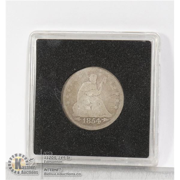 1854 USA SEATED LIBERTY SILVER 25 CENT 2 YEAR TYPE VARIETY 3 OF THE SEATED LIBERTY QUARTERS. ONLY PR