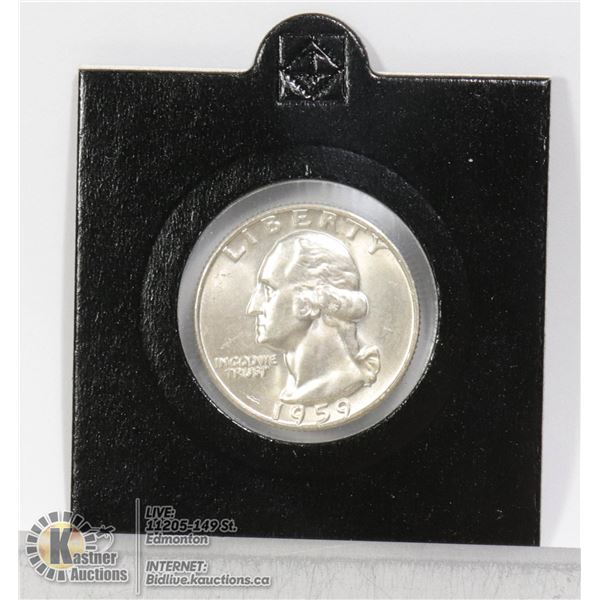 GEM MINT STATE 1959D SILVER WASHINGTON 25 CENT BRILLIANT UNCIRCULATED EXAMPLE OF THIS 1959 SILVER WA