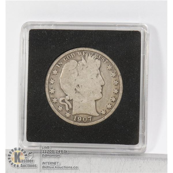 1907 USA SILVER BARBER 50 CENT COIN MINTED IN PHILADELPHIA IN 1907 WITH LOWER MINTAGES THAN THE OTHE