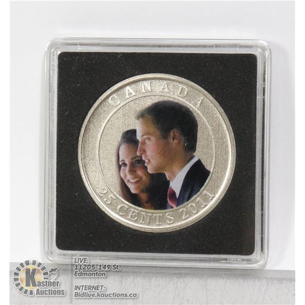 2011 WILLIAM & KATE LARGE SIZE 25 CENT SPECIAL EDITION LARGE COLORIZED CANADA 25 CENT COIN. ISSUED F