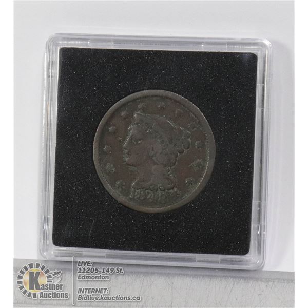 1848 EARLY USA LARGE CENT COIN BETTER QUALITY FOR DATE WITH NEARLY FULL LIBERTY VISIBLE IN HEADBAND.
