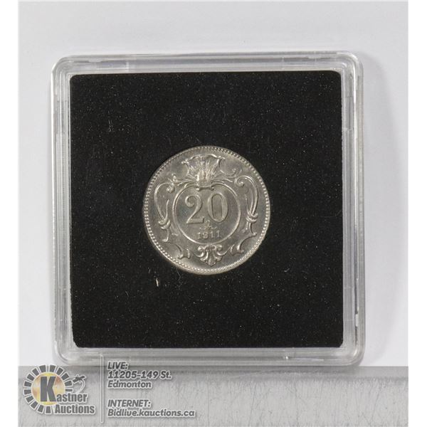 GEM UNCIRCULATED AUSTRIA 20 HELLER FROM 1911 GEM UNCIRCULATED EXAMPLE WITH LITTLE TO NO MARKS ON COI