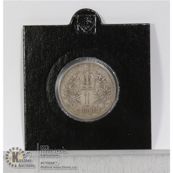 AUSTRIA 1893 SILVER 1 CORONA COIN AUSTRIAN-HUNGARIAN EMPIRE ISSUE FROM 1893. MINTED IN SILVER UNDER 