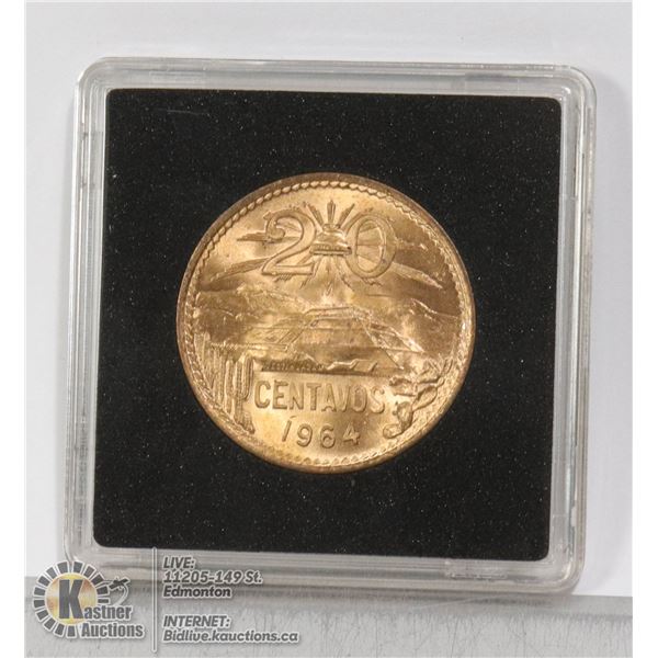 GEM UNCIRCULATED MEXICO 20 CENTAVO 1964 BRILLIANT UNCIRCULATED EXAMPLE OF THIS MID CENTURY MEXICO 20