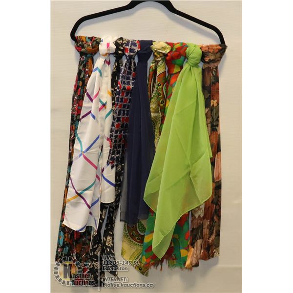 LOT OF NINE 1960'S AND '70S VINTAGE LADIES SCARVES GREAT COLOURS! MOST ARE RECTANGULAR IN SHAPE. THE