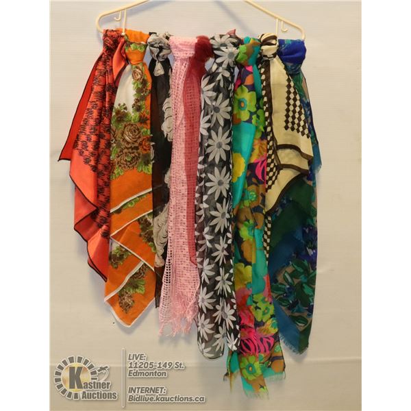 LOT OF NINE 1960'S AND '70S VINTAGE LADIES SCARVES GREAT COLOURS! MOST ARE RECTANGULAR IN SHAPE. THE