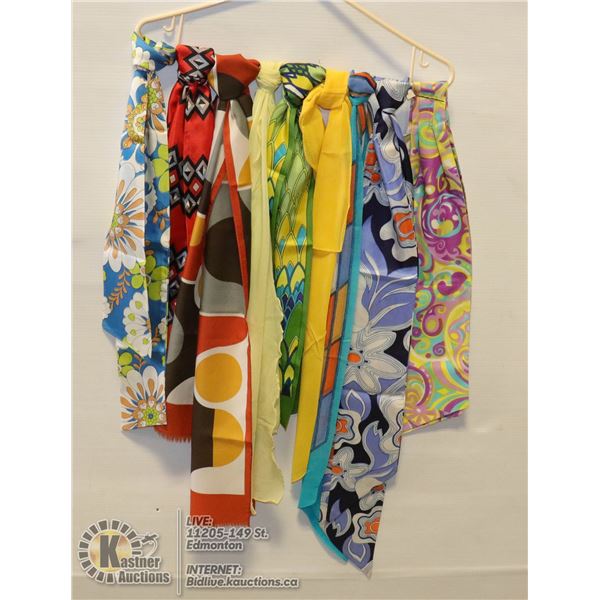 LOT OF NINE 1960'S AND '70S VINTAGE LADIES SCARVES GREAT COLOURS! MOST ARE RECTANGULAR IN SHAPE. THE