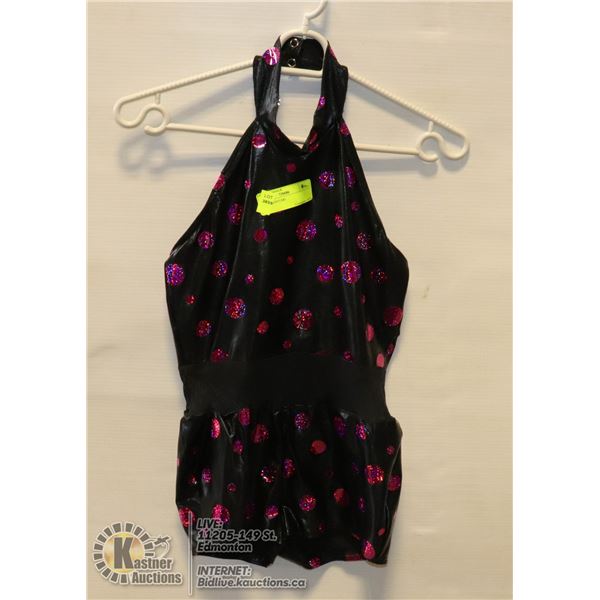 DANCE COSTUME DESIGNS FOR DANCE, DANCE COSTUME BLACK WITH PINK KIDS SIZE 12-14 USED