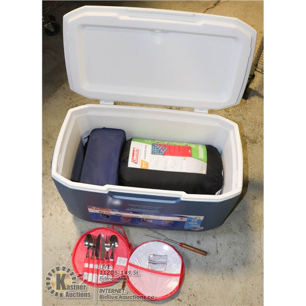 COOLER /SLEEPING BAG /SET OF 2 PLATES /SILVERWARE WITH COOLER BAG