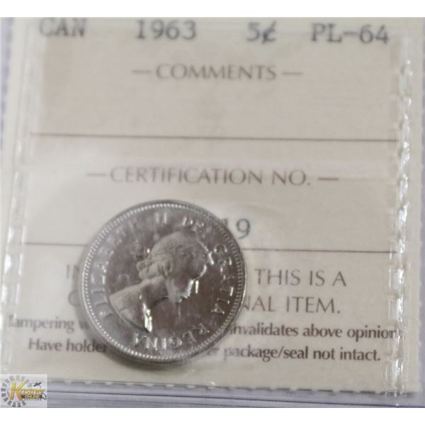 1963 CANADIAN FIVE CENT COIN CERT ICCS-PL64