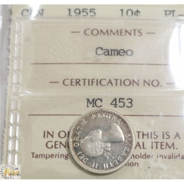 1955 CANADIAN 10 CENT SILVER COIN CERT-ICCS PL 64