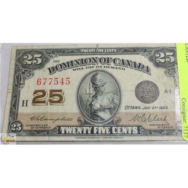 1923 CANADIAN 25 CENT SHIN PLASTER