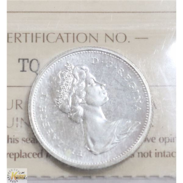 1965 CANADIAN 25 CENT SILVER COIN CERT ICCS PL65