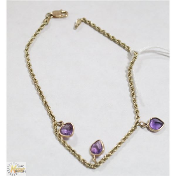 10 KT GOLD ROPE BRACELET W/ AMETHYST HEART