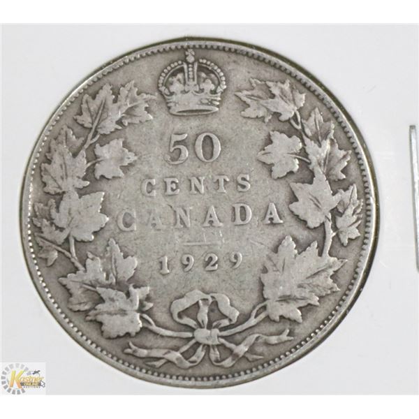 1929 CANADIAN GEORGE V SILVER 50 CENT COIN