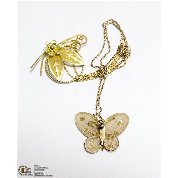 TWO GOLD ANTIQUE 1950S BROOCH NECKLACES ONE