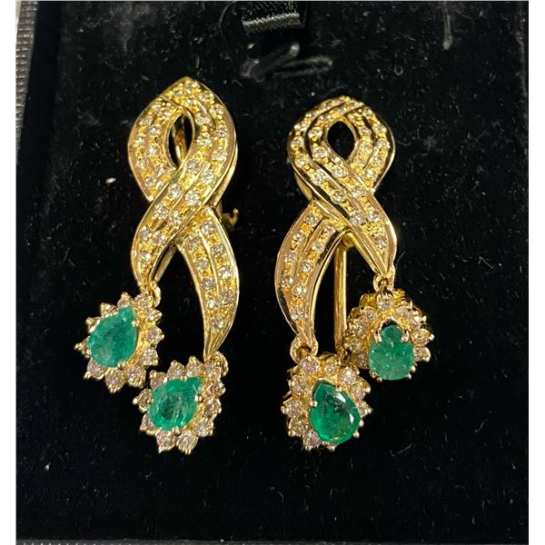 18 K YELLOW GOLD PAIR OF EMERALD DIAMOND EARRINGS
