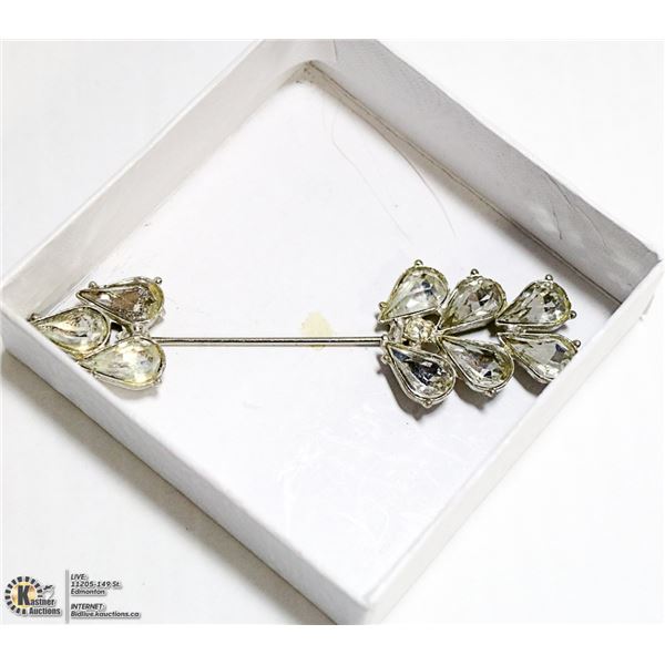 LARGE SILVER HAT PIN WITH RHINESTONES ON BOTH