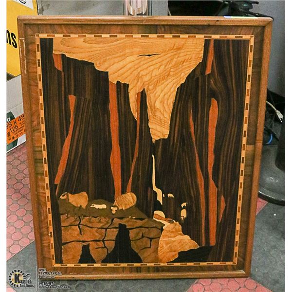 1967 HANDCRAFTED WOOD MOSAIC PICTURE, "DEAD MANS