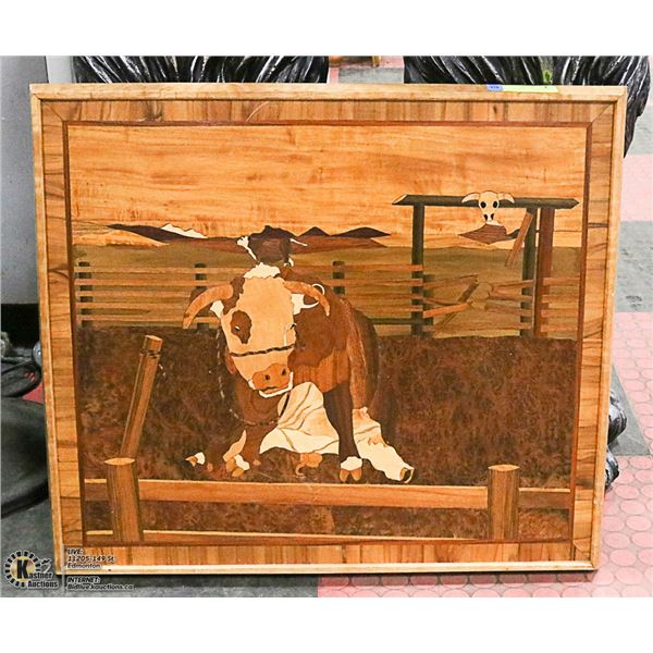 1967 HANDCRAFTED WOOD MOSAIC PICTURE, "FRUSTRATION