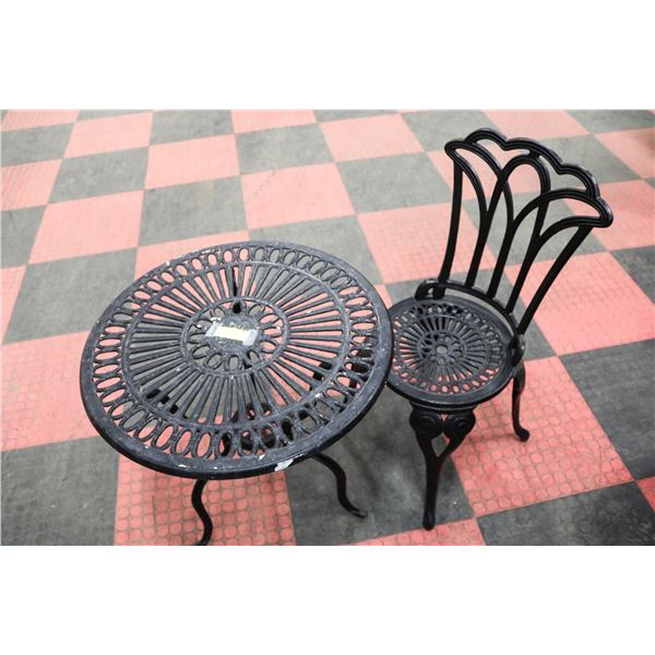 WROUGHT IRON BISTRO TABLE , 1 CHAIR