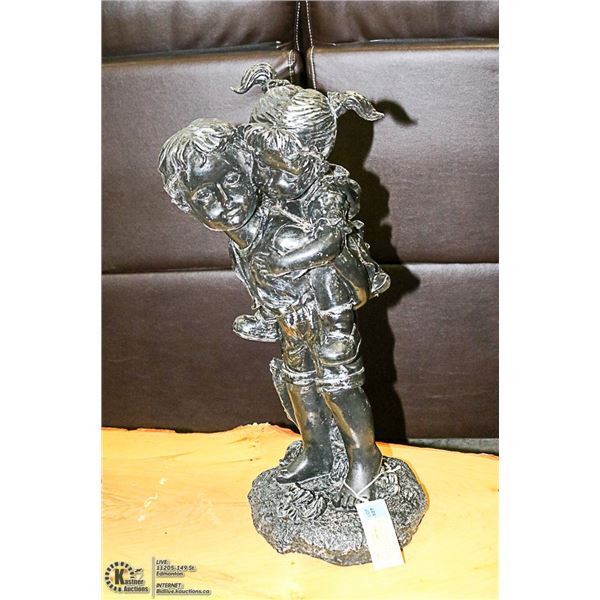 BLACK STATUE OF BOY & GIRL PIGGY BACK RIDE 21"TALL