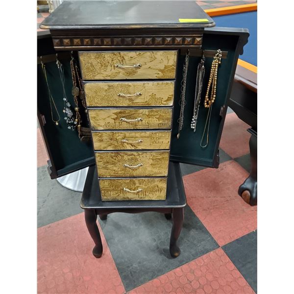 JEWELLERY ARMOIRE WITH CONTENTS. TOP LIFT MIRROR