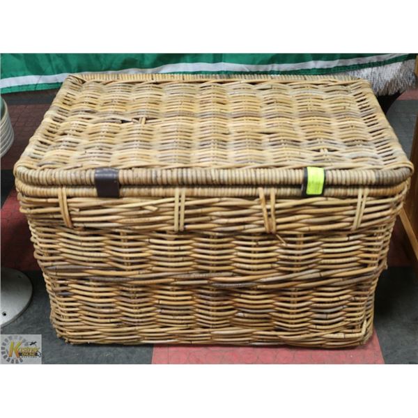 ANTIQUE LARGE WICKER CHEST W/ LEATHER STRAPS
