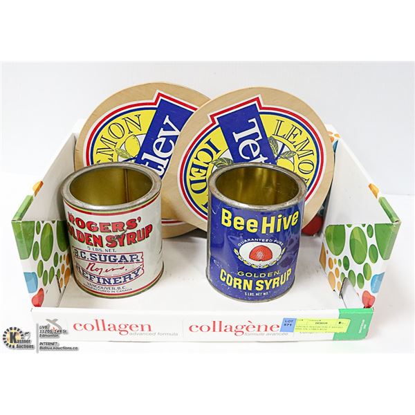 VINTAGE ROGERS SYRUP AND BEE HIVE TIN, COMES WITH