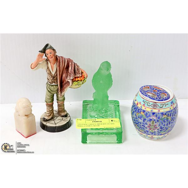 VINTAGE GREEN WEIGHT GLASS BIRD, COMES WITH
