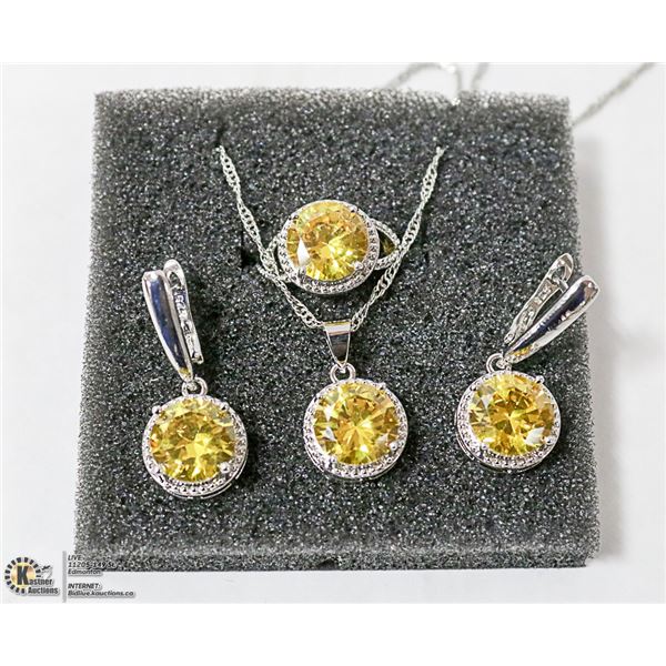 AMBER ZIRCON 3PCS FASHION SET NECKLACE, RING SZ 7