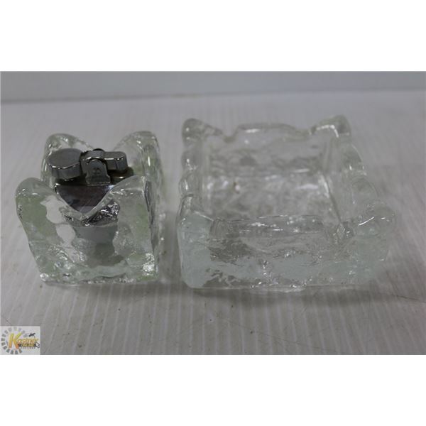 GLASS ASHTRAY WITH GLASS LIGHTER MATCHING SET